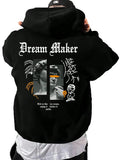 GORGLITTER Mens Slogan Graphic Hoodies Oversized Drawstring Thermal Kangaroo Pocket Sweatshirt Trendy Hoodies 2024 Black Figure X-Small